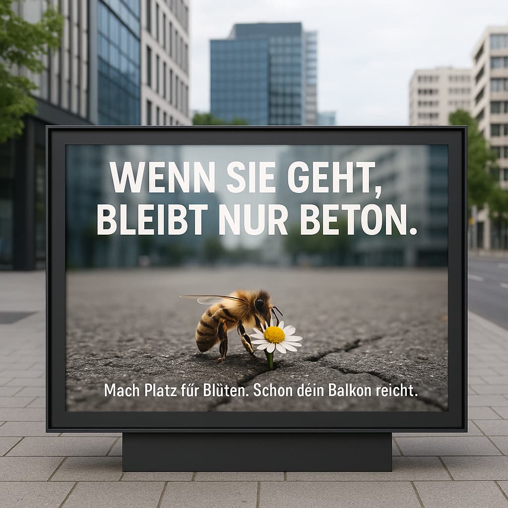 Ein LED-Plakat zeigt eine einzelne Biene auf Betonplatz, die eine einzige Blume beschnuppert.