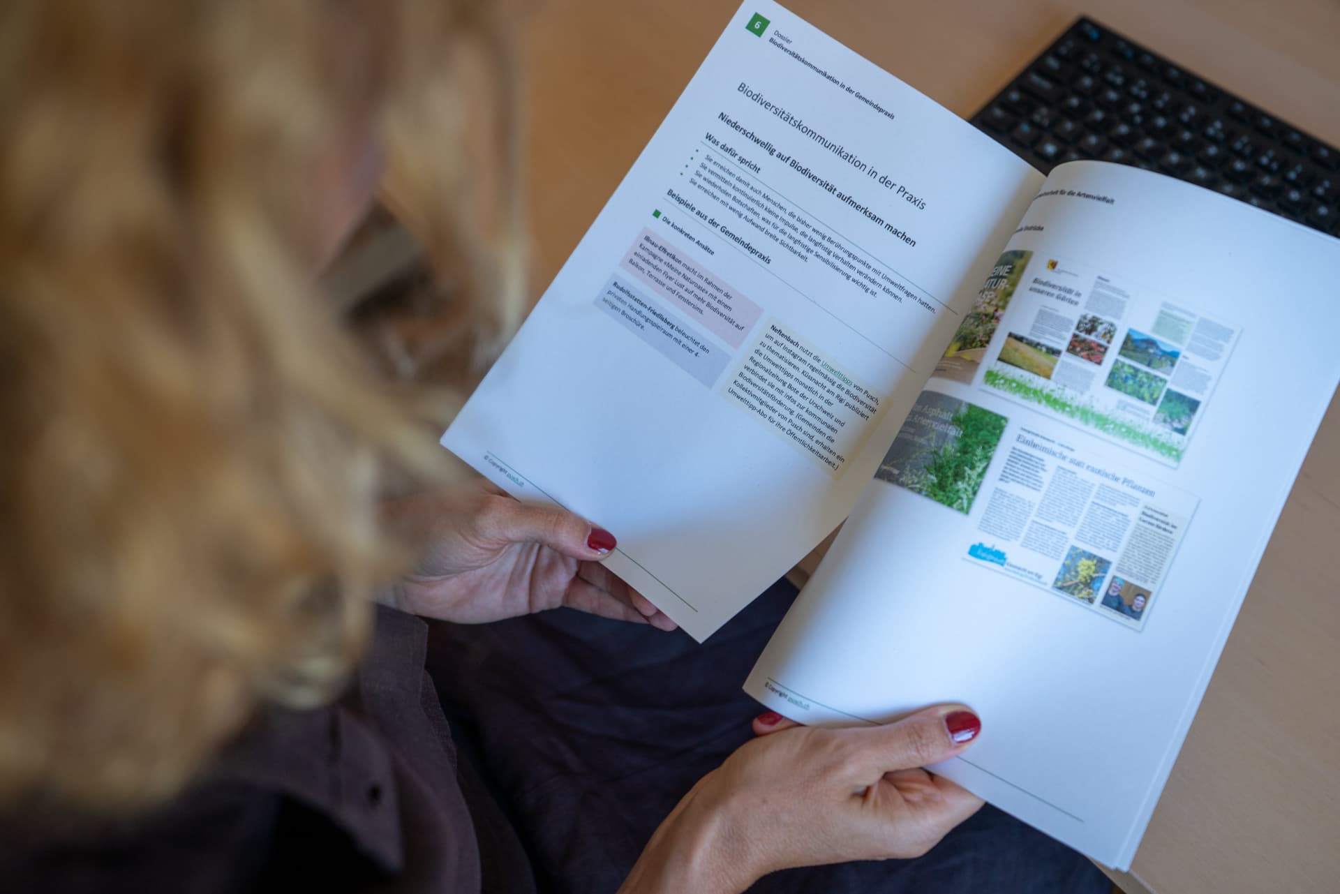 Eine Frau mit hellen Haaren, blauem Kleid und roten Fingernägeln sitzt an einem Pult und blättert durch ein buntes Dossier mit Text und Bildern.