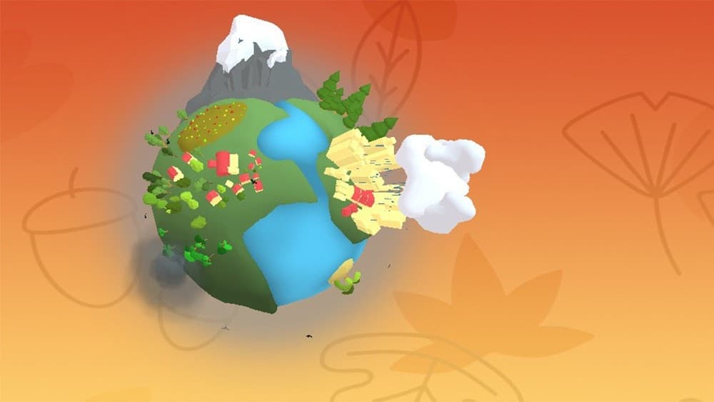 Der Screenshot aus dem Spiel zeigt eine gefährdete Welt mit wenig Grünfläche und zurückgehenden Gletschern.